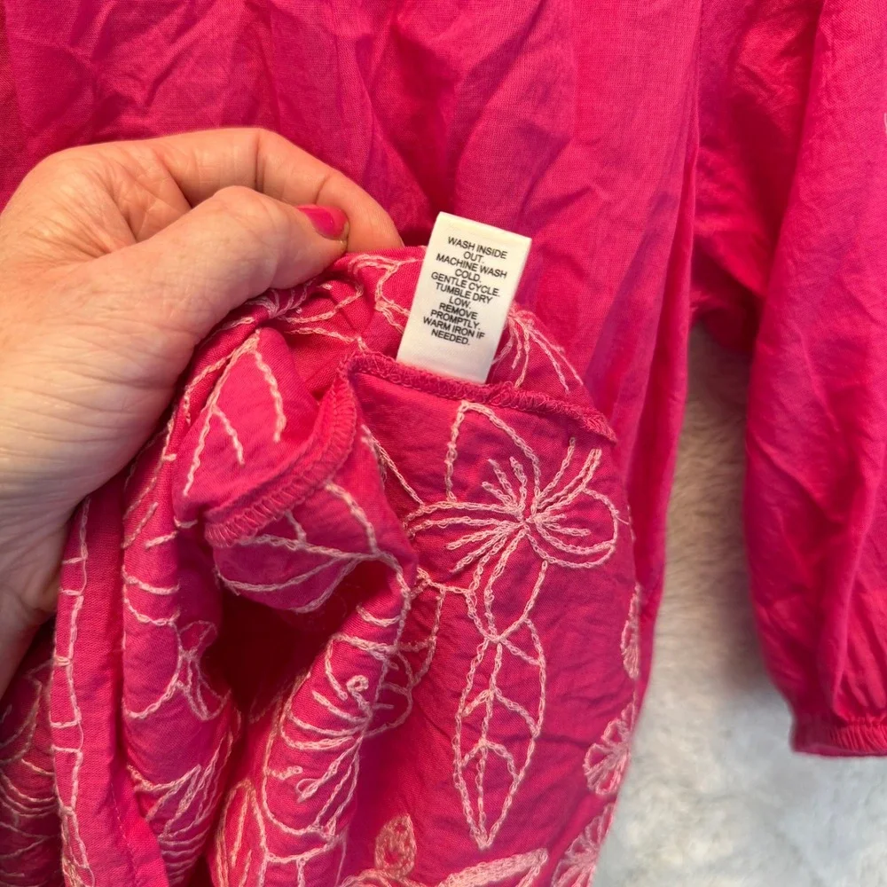 Hot Pink Embroidered Peasant Top Monstera Floral Tassel Puff Sleeve Blouse M - Picture 9 of 10